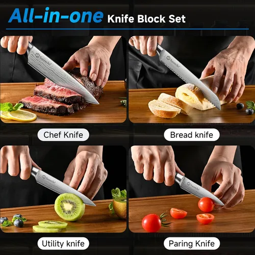 Vista 6 de Sunnecko Juego de cuchillos con bloque y afilador, juego de bloque de cuchillos de cocina de 15 piezas, cuchillos de cocina afilados, acero Negro
