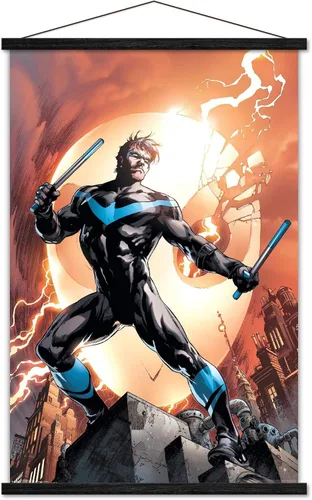 Vista 8 de Trends International DC Comics Nightwing - Póster de pared de fuego, 14.725 x 22.375 pulgadas, versión enmarcada de madera de granero