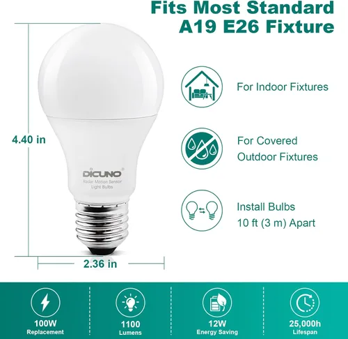 Vista 2 de DiCUNO - Bombillas con sensor de movimiento por radar, 12 W (equivalente a 100 W), sensor de movimiento con encendido y apagado automático, luz