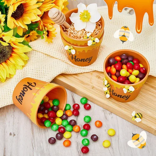 Vista 5 de Meekoo - Juego de 16 mini macetas de abeja con cubos de madera, tarros de miel para maceteros de cupcakes, chips de chocolate, temática de abeja