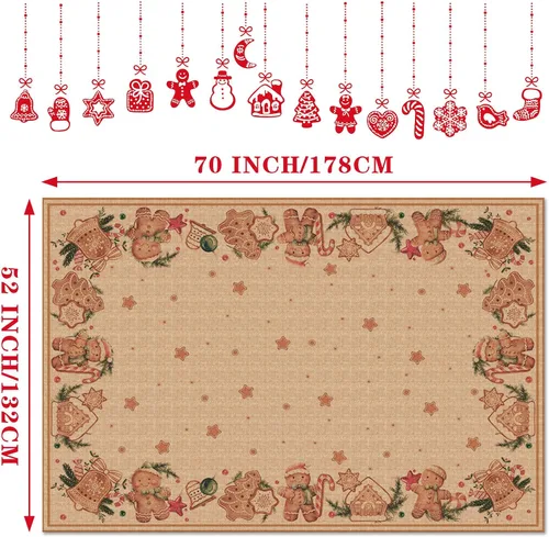 Vista 2 de Ganeen Manteles de Navidad de pan de jengibre de 52 x 70 pulgadas, mantel rectangular de arpillera de Navidad, mantel de tela de pan de jengibre