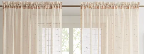 Vista 4 de Warm Home Designs Cortinas de lujo para sala de estar de 63 pulgadas de largo. Cortinas transparentes de lino con patrón de rayas punteadas.