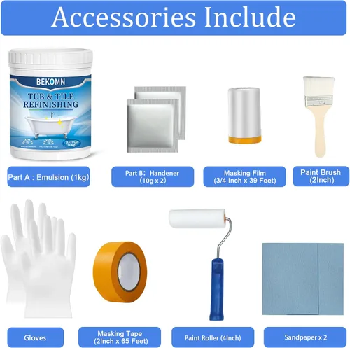 Vista 6 de BEKOMN Pintura para Bañera, Kit de Renovación de Bañera y Azulejos 33oz con Herramientas, Pintura para Bañera Blanca a Base de Agua de Bajo Olor
