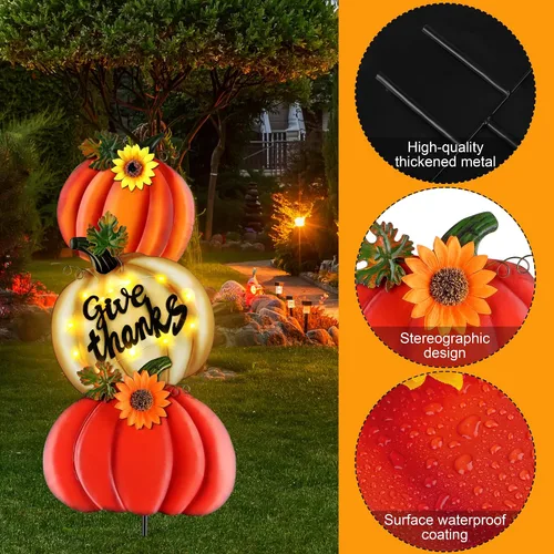Vista 4 de Fovths 3 piezas de 3 piezas de decoración de otoño de metal para Acción de Gracias al aire libre, calabaza LED gigante, jardín, césped, patio