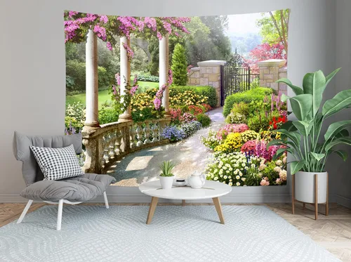 Vista 4 de BELECO Tapiz romántico de jardín secreto de primavera para colgar en la pared, 60 x 40 pulgadas, coloridas flores en flor, plantas verdes, tapiz