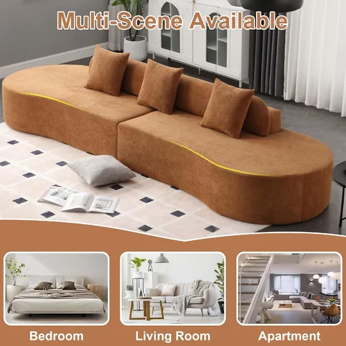 Vista 5 de Sofá modular curvado de 130.5 pulgadas para sala de estar, sofá de espuma sin hueso de 4 plazas con 3 almohadas, sofás de compresión para Marrón