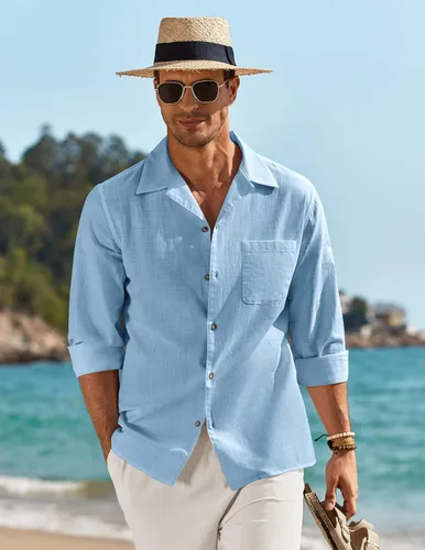 Vista 2 de COOFANDY Camisas de algodón y lino para hombre, de manga larga, casuales, con botones, para la playa