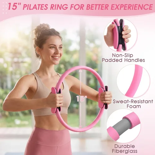 Vista 2 de Pilates Equipment,Pilates Kit with 15" Pilates Ring,2 9.8" Ball,Resistance Bands,Ankle Weights, Sliders, Grip Socks, Pilates Towel,30-Day Challenge
