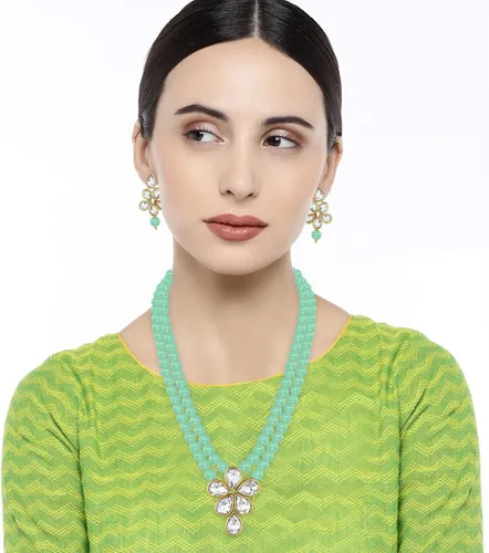 Vista 2 de Aheli Wedding Party Faux Kundan Pendant Beads Necklace Earrings Set Bollywood Party Indian Jewelry for Women