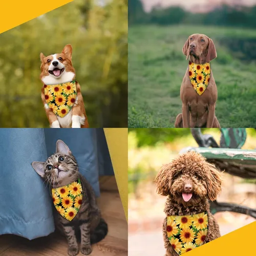 Vista 7 de Pañuelo de girasol con hojas para perro, bufanda lavable para mascotas, pañuelo ajustable triangular, estampado de doble cara, negro, girasol