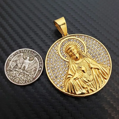 Vista 3 de Colgante de acero inoxidable con dije de medalla de Jesús Santo en tono dorado