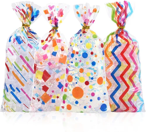 Vista 27 de 100 bolsas de celofán, bolsas de celofán transparente impresas con estrellas doradas de 3 x 5 pulgadas, 100 lazos giratorios, para envolver regalos