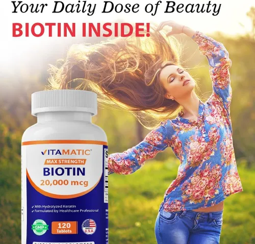 Vista 4 de Vitamatic Biotina de alta potencia de 20000 mcg (20 mg) con queratina 100 mg – 120 tabletas – Suplementos de biotina para un cabello, piel y uñas