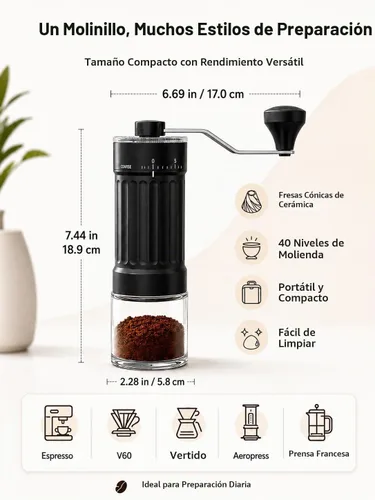 Vista 7 de Molinillo de café manual con rebabas de cerámica, 40 ajustes ajustables para expreso, V60, verter, campamento y viajes