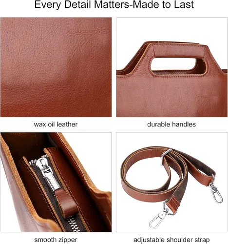 Vista 7 de PIJUSHI Maletín de piel auténtica para hombres y mujeres, bolso delgado para laptop para negocios