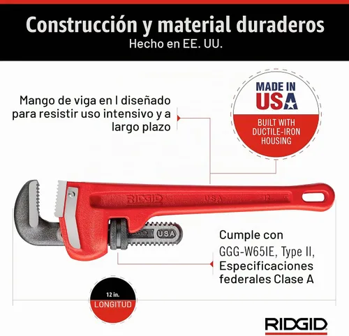 Vista 5 de RIDGID 31015 - Llave de tubería recta de alta resistencia, llave de fontanería resistente de 12 pulgadas con hilos autolimpiantes y mordazas