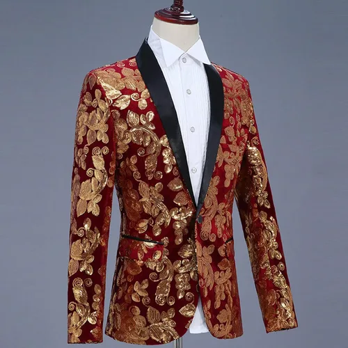 Vista 3 de Vestido blazer de cantante de lentejuelas doradas para hombre, estampado de terciopelo, chaqueta, abrigos, boda, festival, cena, esmoquin floral