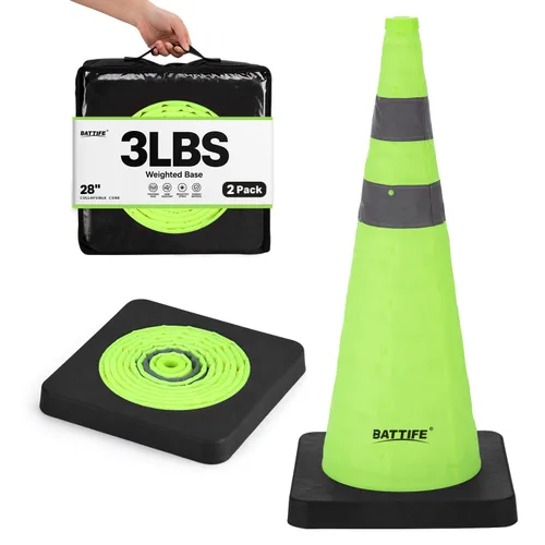Vista 15 de BATTIFE [1 Paquete] Conos azules plegables de seguridad de tráfico de 28 pulgadas con base negra pesada, conos emergentes multiusos con collar