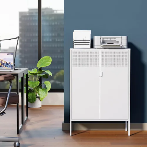 Vista 50 de Gabinete de almacenamiento de metal ancho negro, gabinete de acento de 2 puertas para el hogar y la oficina, gabinete de metal bajo de 2 niveles