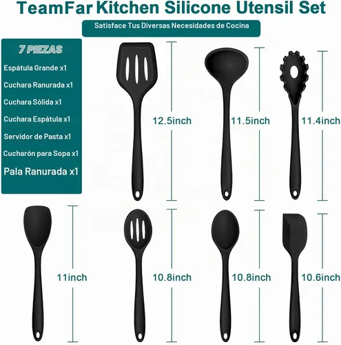 Vista 2 de TeamFar Juego de 7 utensilios de cocina de silicona, herramientas antiadherentes de cocina negras, espátula, cucharón, servidor de pasta