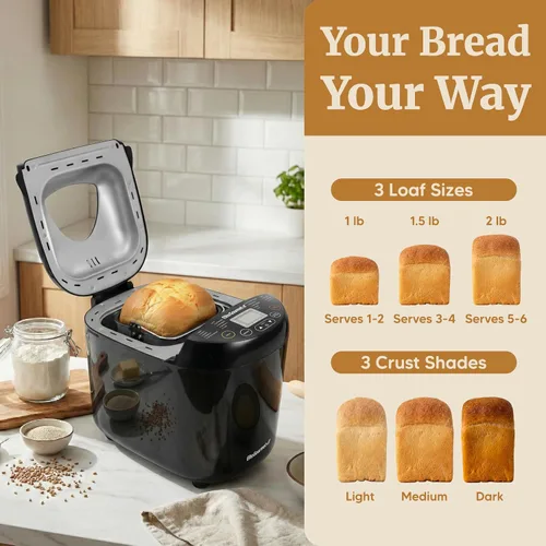 Vista 4 de Elite Gourmet - Máquina para hacer pan programable, 2 libras, 3 tamaños, 19 preajustes, color negro Cuenta con ajustes preestablecidos sin gluten