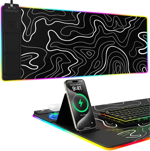 Vista 22 de Alfombrilla de ratón de carga inalámbrica, 31.5"x11.81" alfombrilla de ratón XL para juegos con 11 colores RGB y 5 modos de iluminación, alfombrilla