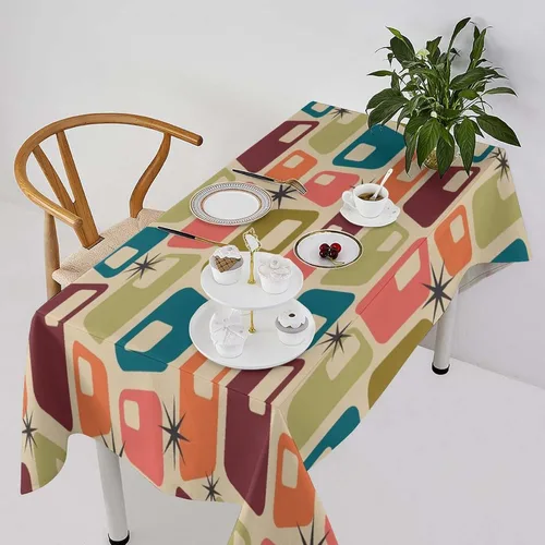 Vista 17 de Mantel retro moderno de mediados de siglo, diseño de colores retro de los años 50, resistente al agua, mantel lavable para cocina, comedor, fiesta