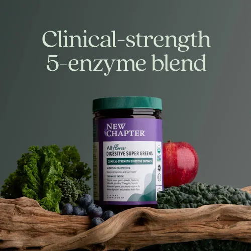 Vista 4 de New Chapter All-Flora Digestive Super Greens Polvo para la salud intestinal - Enzimas digestivas de fuerza clínica + Clorella orgánica USDA
