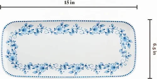 Vista 2 de UP ware - Bandeja de servir de melamina floral azul y blanca, bandeja rectangular de 15 x 6.5 pulgadas, bandeja de alimentos sin BPA