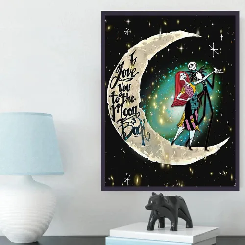 Vista 3 de honrtreb - Pintura de diamante 5D para adultos, kit de pintura de diamantes Jack y Sally con luna, kit de arte redondo de diamantes de taladro