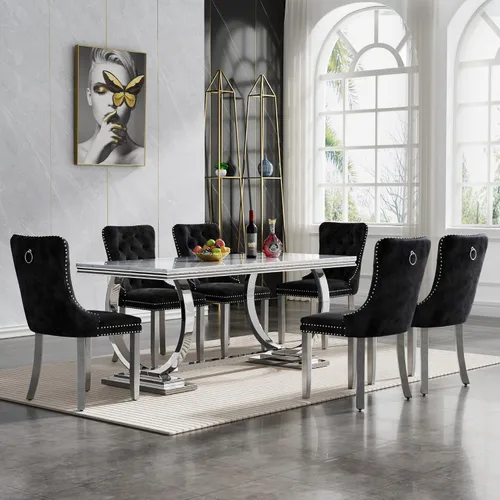 Vista 45 de HomVent Juego de mesa de comedor moderna de mármol sintético para 4 personas, mesa de cocina rectangular con 4 sillas beige (dorado)