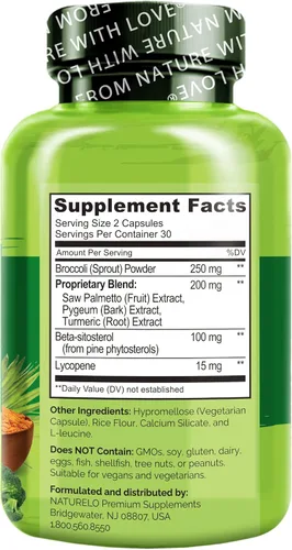 Vista 3 de NATURELO Próstata y salud urinaria, fórmula integral con palma enana americana, pigeo, tumérico, esteroles vegetales, brócoli y licopeno, 60
