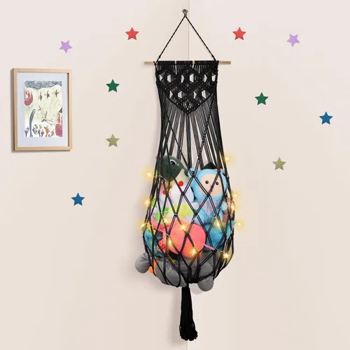 Vista 14 de Almacenamiento de Animales de Peluche de 68 Pulgadas, Hamaca Jumbo de Macramé para Animales de Peluche en Esquina, Hamaca Colgante de Pared y Techo