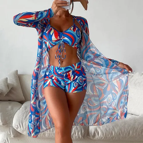 Vista 2 de Traje de baño de 3 piezas para mujer, estampado floral, ropa de playa para mujer, bikini de cintura alta con kimono #