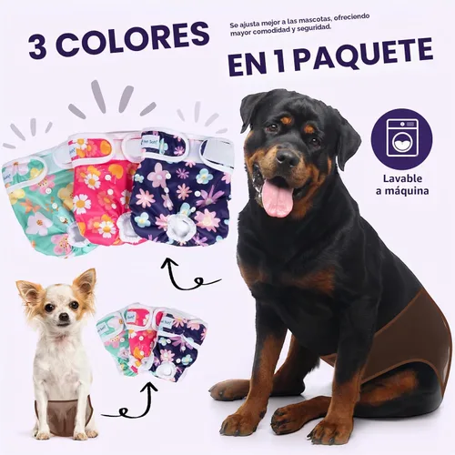 Vista 2 de Pet Soft Pañales Lavables para Hembras (Paquete de 3) Pañales para Perras, Pañales Cómodos Reutilizables para Perras en Período de Celo (Bloom, XS)