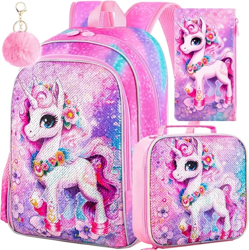 Vista 9 de KLFVB 3 mochilas de sirena de unicornio para niñas, bolsa de libros y lonchera de lentejuelas de 16 pulgadas, mochilas preescolares para primaria