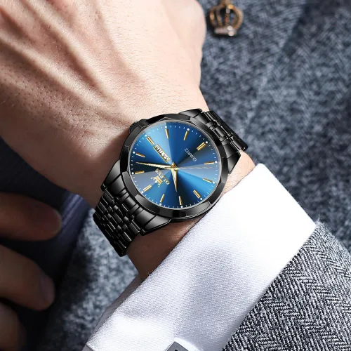 Vista 2 de OLEVS Watch for Men Diamond Business Dress Analog Quartz Stainless Steel Waterproof Luminous Date Two Tone Luxury Casual Wrist Watch Blue