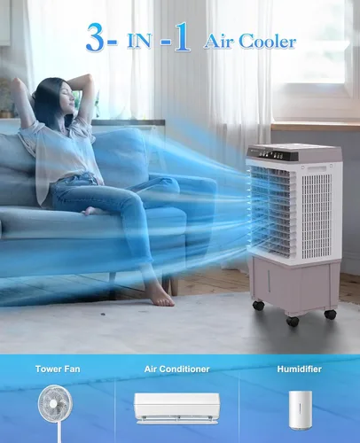 Vista 5 de Enfriador de aire portátil con tanque de agua de 5.3 galones, enfriador de aire evaporativo de 1800 CFM con 4 cajas de hielo, oscilación de 120°