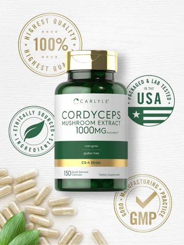 Vista 6 de Carlyle Cordyceps Cápsulas de hongos 150 unidades Extracto de hongos cepa CS-4 Sin OMG y sin gluten