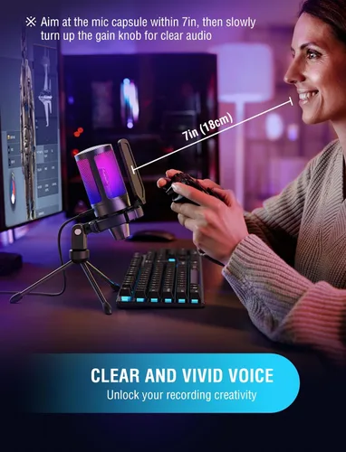 Vista 8 de FIFINE AmpliGame A6V Micrófono USB para juegos, micrófono condensador RGB para transmisión Quick Mute, RGB, Gain Control, Tripod Stand, Pop