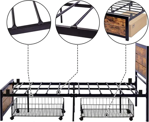 Vista 6 de Base de cama de tamaño individual con estraage, marco de cama de metal con cabecera y estribo de madera, base de cama de plataforma de metal de 14