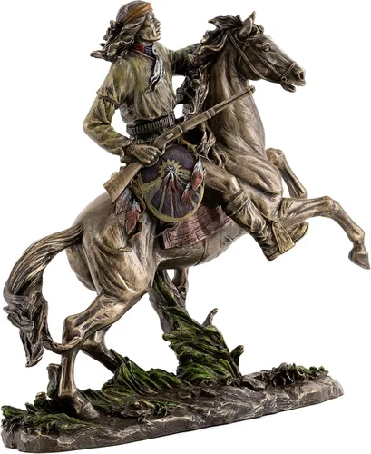 Vista 4 de Top Collection Geronimo - Estatua decorativa de guerrero nativo americano sobre caballo en bronce fundido en frío de primera calidad, figura india