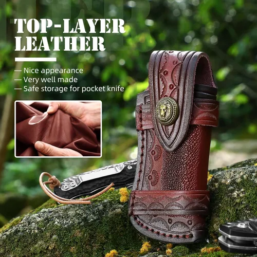 Vista 4 de Omesio Funda para cuchillo de bolsillo (M), funda plegable de 4.53 pulgadas para cuchillo plegable, funda de cuero para cuchillos, funda horizontal
