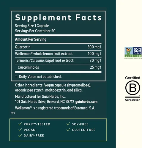 Vista 3 de Gaia Herbs Quercetin Synergy - Apoya la salud inmunológica* - Extracto de fruta de limón Wellemon - 50 cápsulas veganas (50 porciones)