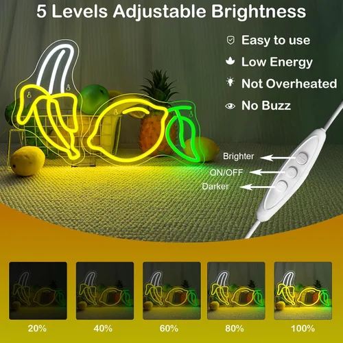 Vista 3 de Juego de 2 letreros de neón de plátano y limón (1 luz de plátano + 1 luz de limón) Luces de neón de frutas para decoración de pared, habitación