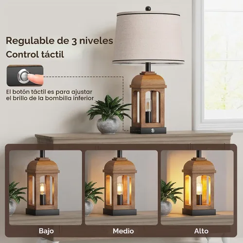 Vista 2 de QiMH Lámpara de Mesa para Sala de Estar, Juego de 2 Lámparas de Estilo Rústico con USB A+C y Luz Nocturna, Lámparas de Mesita de Noche Rústicas