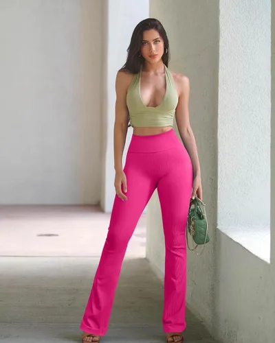 Vista 3 de OQQ Pantalones de yoga para mujer, 2 piezas, acanalados, sin costuras, para entrenamiento, cintura alta, acampanados, leggings acampanados
