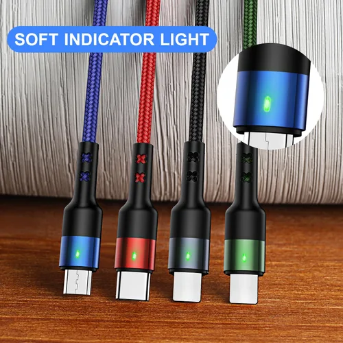 Vista 4 de USAMS - Paquete de 2 cables de carga múltiple de nailon trenzado, 4 pies, 4 en 1, cable de carga USB con teléfono/tipo C/conector micro USB