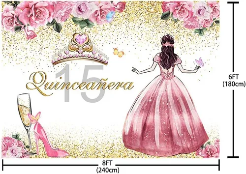 Vista 5 de SENDY Telón de fondo de quinceañera de 8 x 6 pies para niña, feliz cumpleaños 15, flores rosadas, tacones altos, corona, princesa, decoración