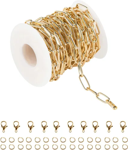 Vista 13 de 10 metros collar con colgante de papel plateado en oro, cadena de eslabones de aluminio para hacer joyas, rollo de cadena con anillas abiertas